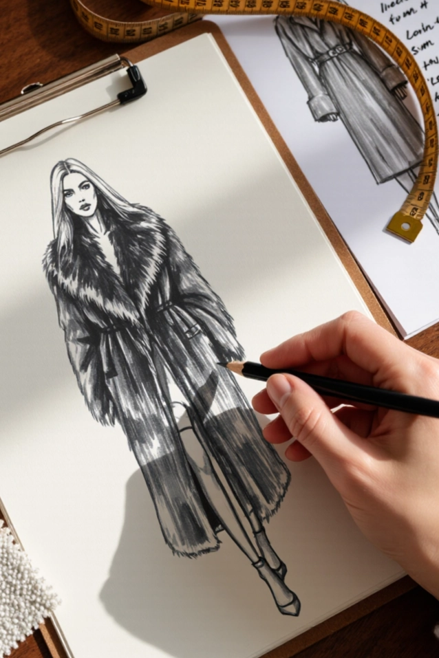 Architectural sketch of a bespoke fur garment design